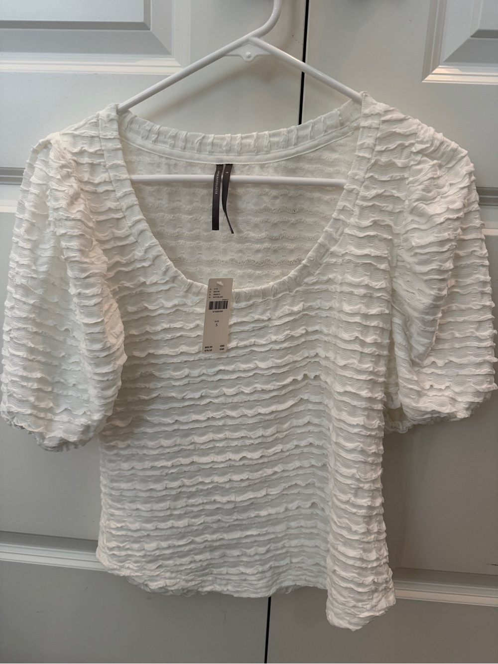 Anthropologie White Textured Puff-Sleeve Scoop Neck Top